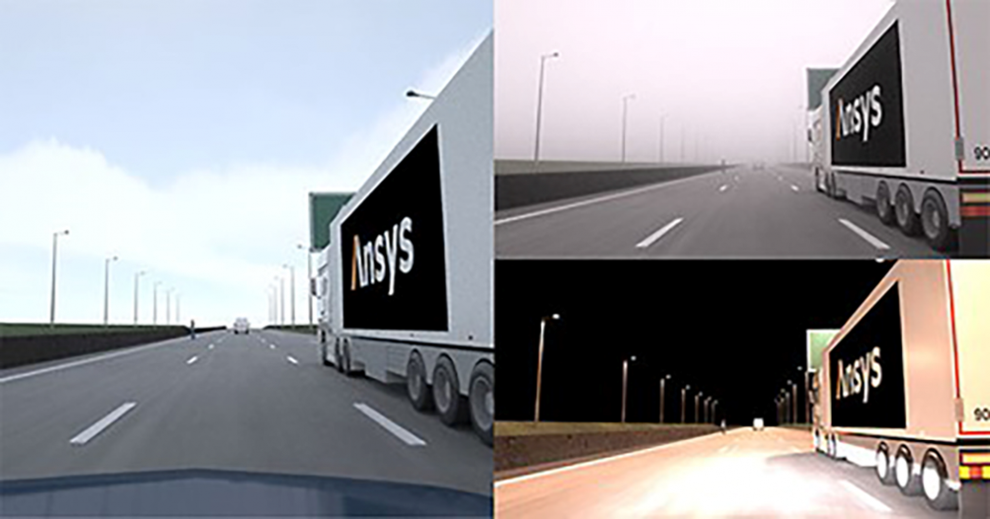 仿真显示了ADAS摄像头在晴天白天（左）、雾天白天（右上）和夜间（右下）的画质